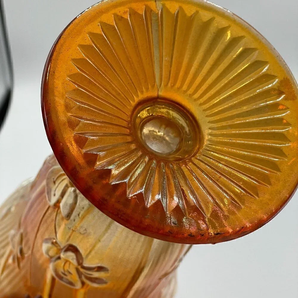 Vintage Jeanette Marigold Carnival Glass Iris Herringbone Footed Vase 9